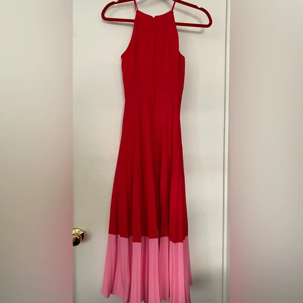 Adian Mattox Pleated Halter Midi Dress, pink and red, 0 - Picture 5 of 7